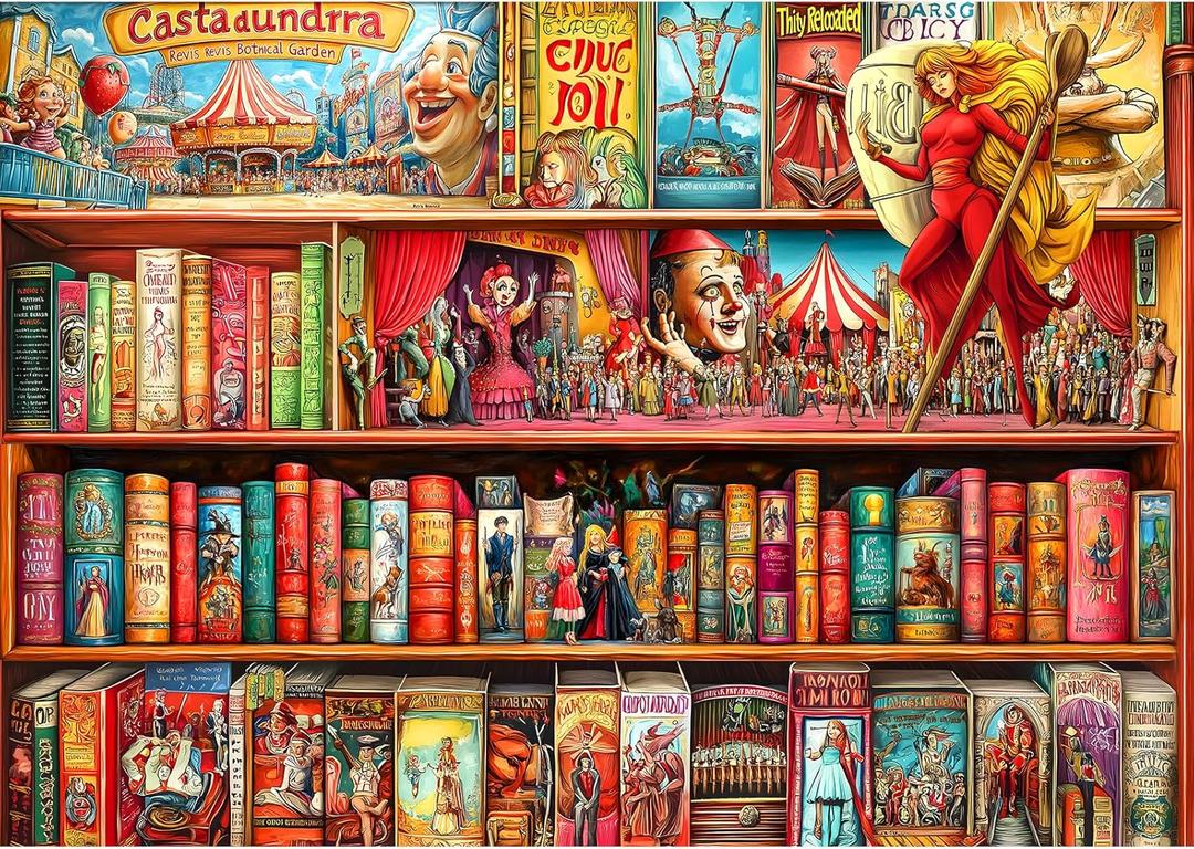 1000 Piece Puzzles for Adults Clearance, Heroes and The Circus Bookshelf House Puzzle for Adults, Challenge Art Jigsaw Puzzles, for Gift Birthday Party Games Family, 27.5X19.7 in Dust Free Puzzle