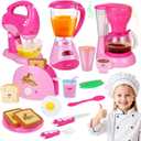 Coherny Play Kitchen Sets for Kids Ages 4-8, Kids Kitchen Playset with Realistic Coffee Maker Machine, Toaster, Mixer and Blender, Pretend Play Toys with Light & Sound for Toddles Girls Boys Gifts
