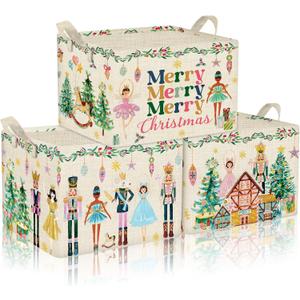 3 Pcs Christmas Nutcracker Baskets for Gifts Empty Christmas Tree Ballet Girl Soldier Storage Bin with Handle Fabric Storage Container Cube Box for Home Office Dorm Closet Shelf Organizer