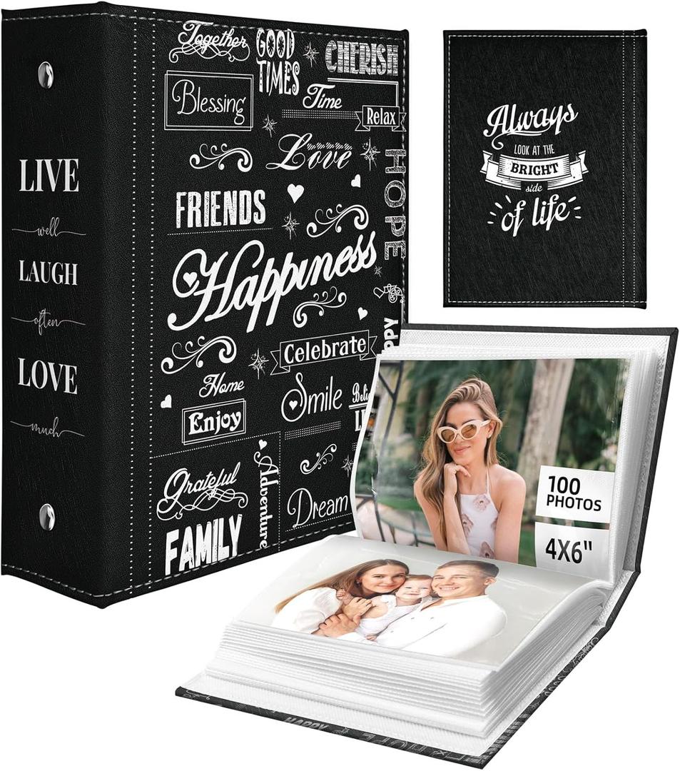 Slohif Photo Album 4x6 Pictures Leather Small Memory Book Keepsake for Family Wedding Postcard 100 Pockets Personalized Couples Photobook for Engagement Travel Vacation Birthday Honeymoon Happiness