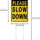 Kichwit Please Slow Down Sign, 16 Inch x 12 Inch/28 Inch High, Double Sided Aluminum Reflective Slow Down Sign with Metal Stakes