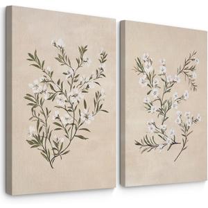 Vintage Botanical Wall Art Neutral Floral Prints Farmhouse Flower Canvas Wall Decor Watercolor Wildflower Pictures Nature Minimalist Artwork for Living Room Bedroom 16x24 Inch Wrapped Canvas Set of 2