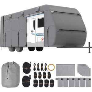 VEVOR Travel Trailer Cover, 22-24 ft RV Cover, 4-Layer Non-Woven Fabric Camper Cover, Waterproof, Windproof and Rip-Stop Class A RV Cover, with Storage Bag, Repair Patches, Straps and Tire Covers