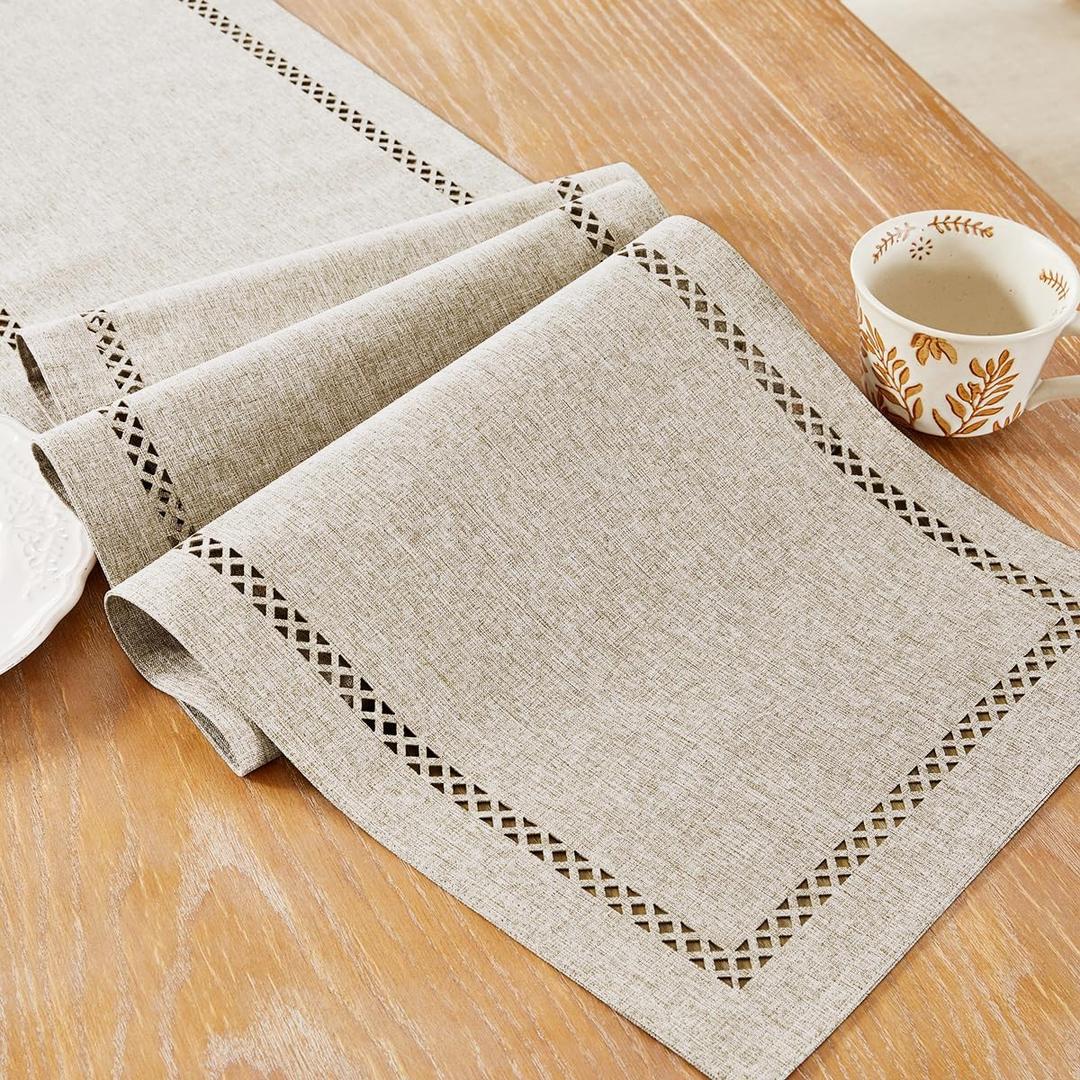 Burlap Style Farmhouse Table Runner, 13 x 90 Inch Coffee, Rustic Geometric Hollow Table Runners 90 Inches Long for Dresser Table Everyday Use, 13x90 Inches, Coffee