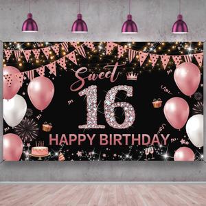 Sweet 16 Birthday Banner, Rose Gold Sweet Sixteen Decorations, 16th Birthday Photo Booth Backdrop, Fabric 6.1ft x 3.6ft
