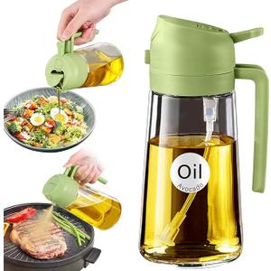 YARRAMATE 16oz/470ml Glass Olive Oil Sprayer for Cooking with Stickers, 2 in 1 Oil Dispenser for Kitchen Gadgets, Food Grade Premium Spray Bottle with Portion Control for Salad, Frying, BBQ (Green)