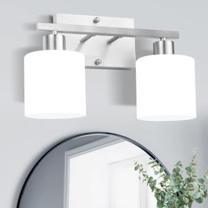SILAMPDI Bathroom Lighting Fixtures Over Mirror Brushed Nickel, Modern 2-Light Vanity Lights Fixtures, Wall Sconces Light for Bedroom, Hallway, Milky White Glass Shades, E26 Base, Bulbs Not Included