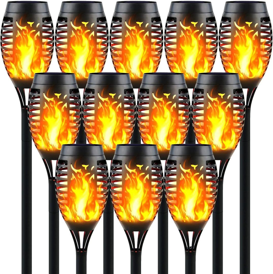 12-Pack Solar Torch Lights with Flickering Flame - 12LED Mini Fire Effect Solar-Powered Tiki Torches, Waterproof Outdoor Lighting with Auto On/Off, Perfect for Garden, Patio & Pathway Decor