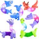 Animals Fidget Toys for Toddlers: 6 Pack LED Animal Pop Tubes for Kids 2 3 4 5 6 7 Year Old Girls Boys Birthday Gifts Autism Sensory Toy for Kid Age 3-5 Tube Light Up Party Favors