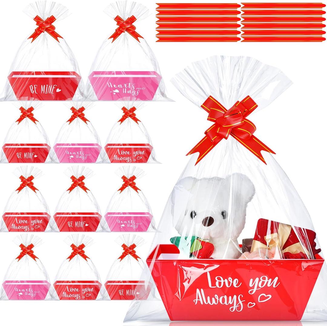 36 Pcs Valentines Day Baskets Gifts Empty Includes 12 Pack Valentines Empty Market Tray Cardboard Basket Clear Cellophane Bags Gift Tags Pull Bows for Valentines Day Holiday Birthday Party Supplies
