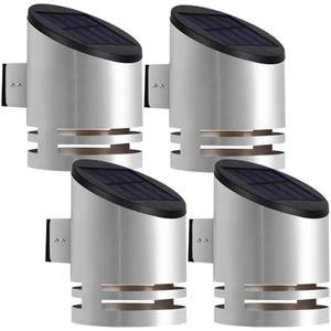 Dynaming 4 Pack Solar Wall Lights, Stainless Steel Cover Outdoor Wall Sconce Lights, Cordless LED Lights Auto On/Off Mounted Fence Deck Light, Waterproof for Garage Stair Patio Porch Barn Yard