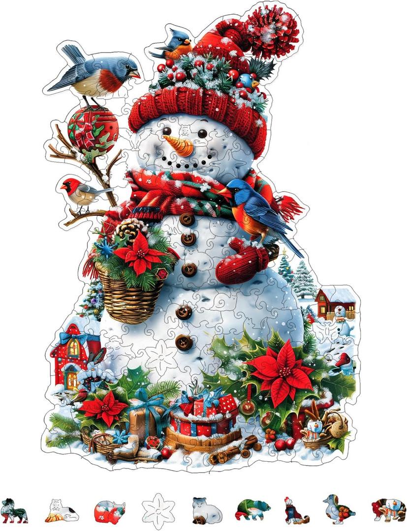 GLOBLELAND 200Pcs Christmas Snowman Wooden Jigsaw Puzzles for Adults 38.1x25.8cm/15x10inch Colorful Christmas Tree Wood Puzzles for Anniversary Birthday Gift