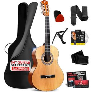 Pyle Beginner Acoustic Guitar Kit, 1/2 Junior Size All Wood Build Nylon String Instrument with Capo, Strap, Extra String Set, Gig Bag, Guitars for Beginners Adults Youth, 34" Natural Gloss
