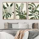 Large Framed Canvas Wall Art - Natural Float Framed White Flowers Green Leaves Pictures Decor Simple Botanical Plants Artwork for Living Room Bedroom Kitchen Home Office Decoration 60" X 28" Set of 3, 20" X 28" X 3pieces Framed