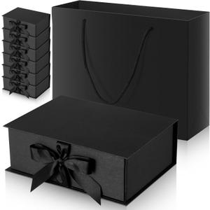 Jetec 10 Set Black Gift Boxes 9.8 x 7 x 3.3 Inch Collapsible Present Boxes with Lids Ribbon Paper Bags for Father's Day Mom Teacher Birthday Wedding Gifts(Black)