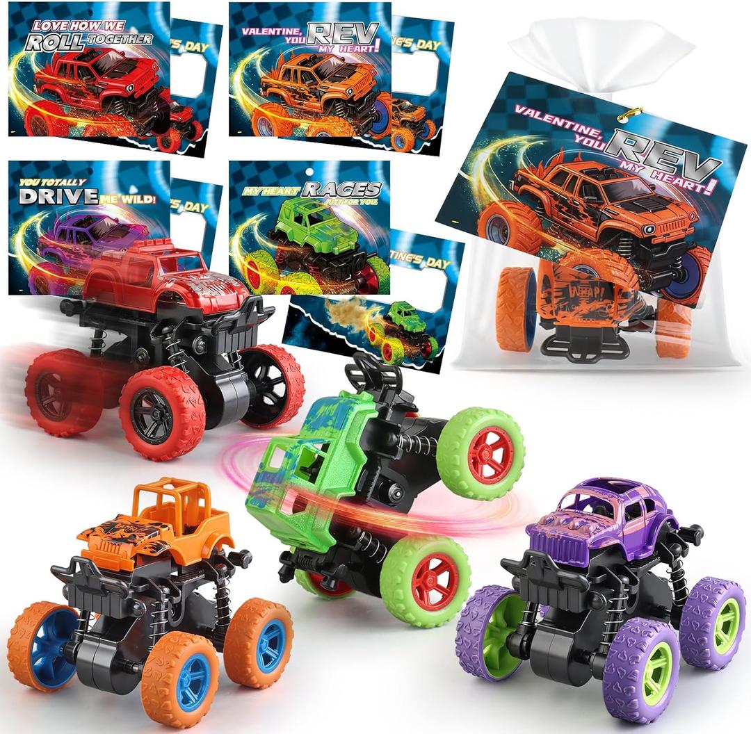 Kaelinda 28 Pack Monster Truck Valentines Day Cards for Kids  Valentine Cards for School Classroom Valentines Gifts Exchange, Inertia Stunt Car Valentines Party Favors Prizes for Kids Boys