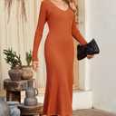 Arach&Cloz 2025 Spring Womens V Neck Long Sleeve Fishtail Sweater Dress Ribbed Knit Slim Fit Bodycon Midi Dress (Orange)