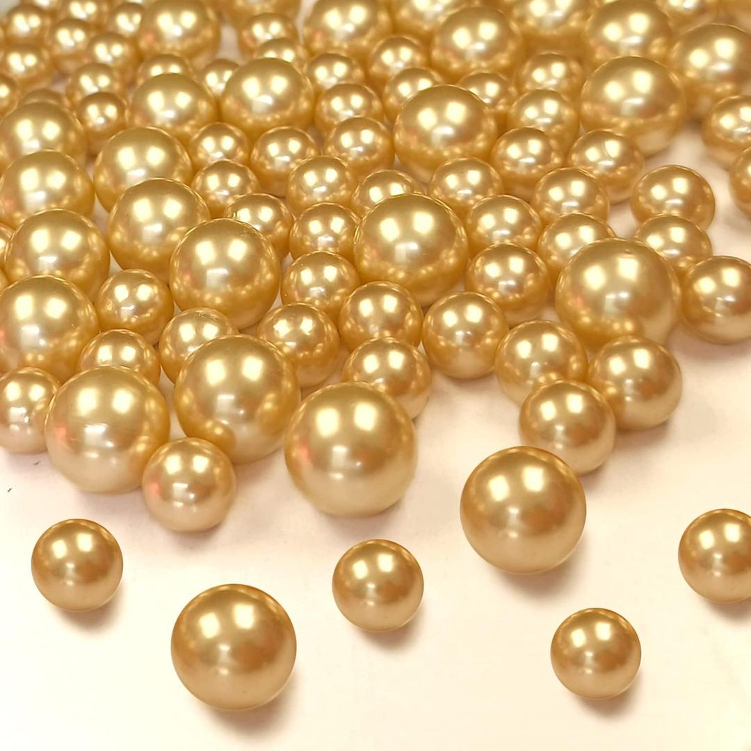 140pcs Gold Pearl Beads for Vase Filler Makeup Brushes Holder Assorted Round Faux Pearl Beads for Home Wedding Decor 10/14mm
