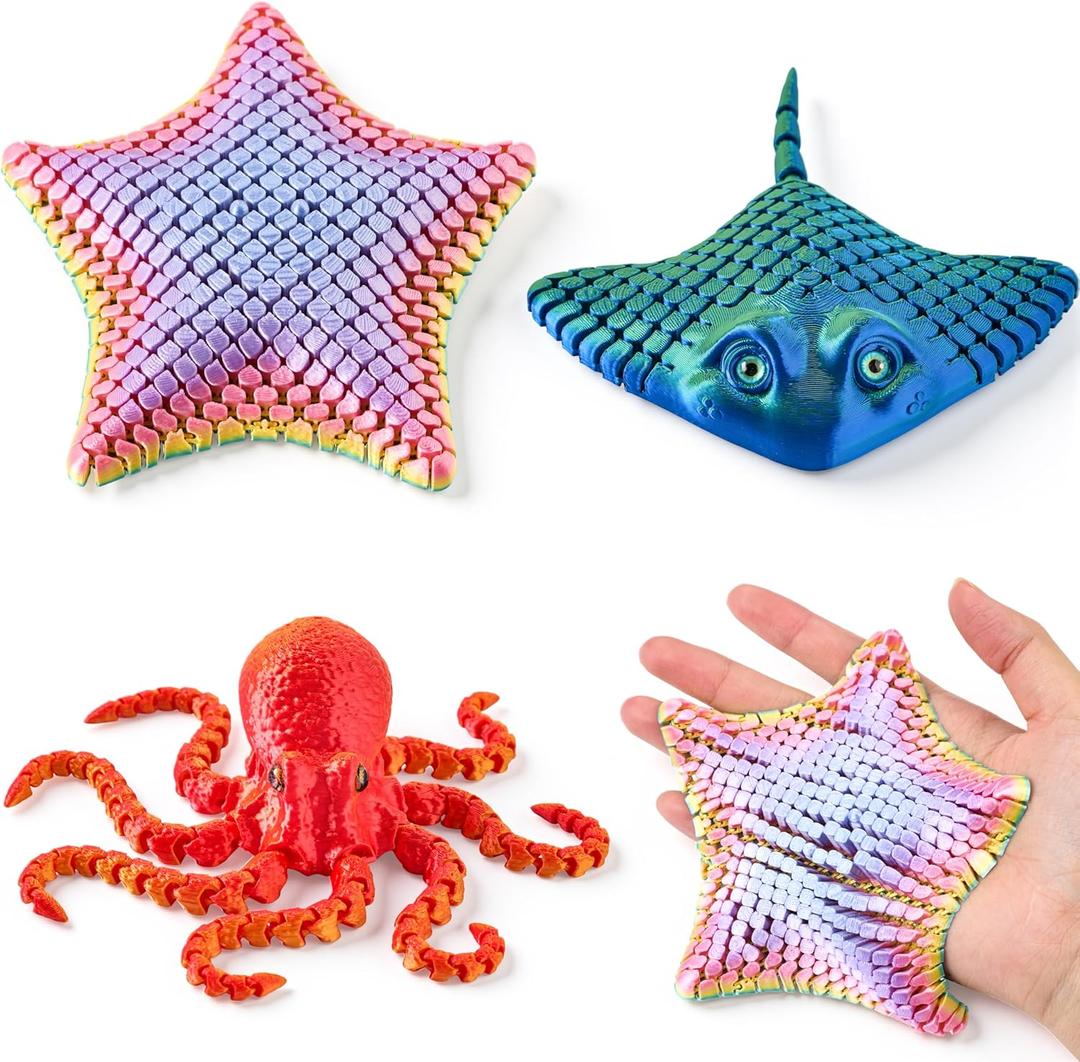JOYIN 3 Pcs 3D Printed Fidget Toys, Articulated 3D Printed Octopus, Ray & Starfish, Flexible 3D Printed Sea Creatures for Stress Relief, Cool 3D Printed Stuff for Desk Decoration
