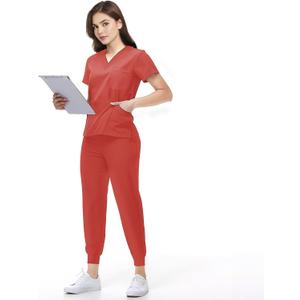 Scrubs Set for Women Nurse Uniform Jogger Suit Stretch V-Neck Scrub Top & Jogger Pant with Pockets for Nurse Workwear (Small, Orange)