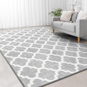 Jelymark Shag Moroccan Area Rug for Living Room, 4x6 Feet Modern Geometric Rug, Fluffy Distressed Faux Wool Floor Carpet, Memory Foam Rug for Bedroom Nursery Kids Room Home Decor, Light Grey/White (4' x 5'11")