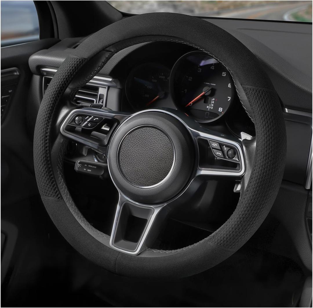 Suede Steering Wheel Cover with Upgraded Silicone Inner Ring, Breathable, Anti-Slip, Leather Universal 14.5 to 15 Inch Steering Wheel Cover (Black with Embossing Pattern)