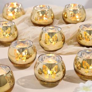 Gold Votive Candle Holders Set, 12 PCS Tea Lights Candle Holder Decorative Bulk with Butterfly Pattern, Candle Holders for Wedding, Birthday, Anniversary, Parties, and Holiday Decorations