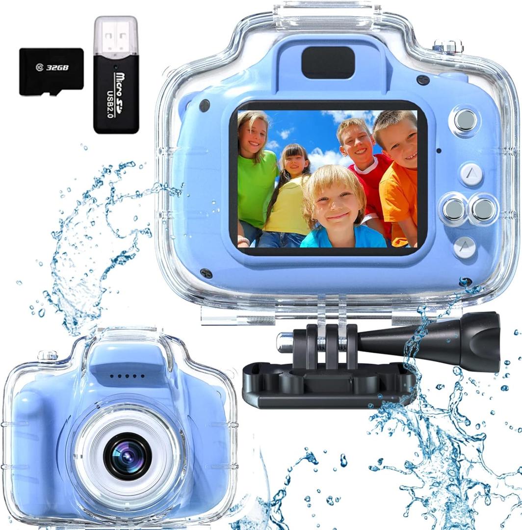 Kids Camera Waterproof Underwater Camera for 3-12 Year Old Boys Girls 2 Inch IPS Screen 1080P HD Digital Kids Video Camera Indoor Outdoor Action Cameras Best Christmas Birthday Gifts (Blue)