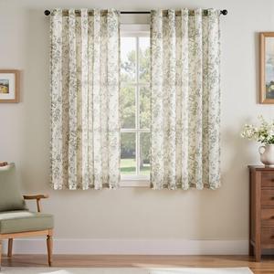 jinchan Linen Blend Curtain Floral Curtains for Living Room 26×25 Inch Length Sage Green Printed Curtain Rod Pocket Back Tab Farmhouse Peony Flower Patterned Drapes Bedroom Window Curtains Set 2 Panels