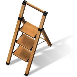 3 Step Ladder,Folding Step Stool with Aluminum Wide Pedal& Convenient Handgrip,330lbs Capacity Steel Ladder for Household and Office(Woodgrain)