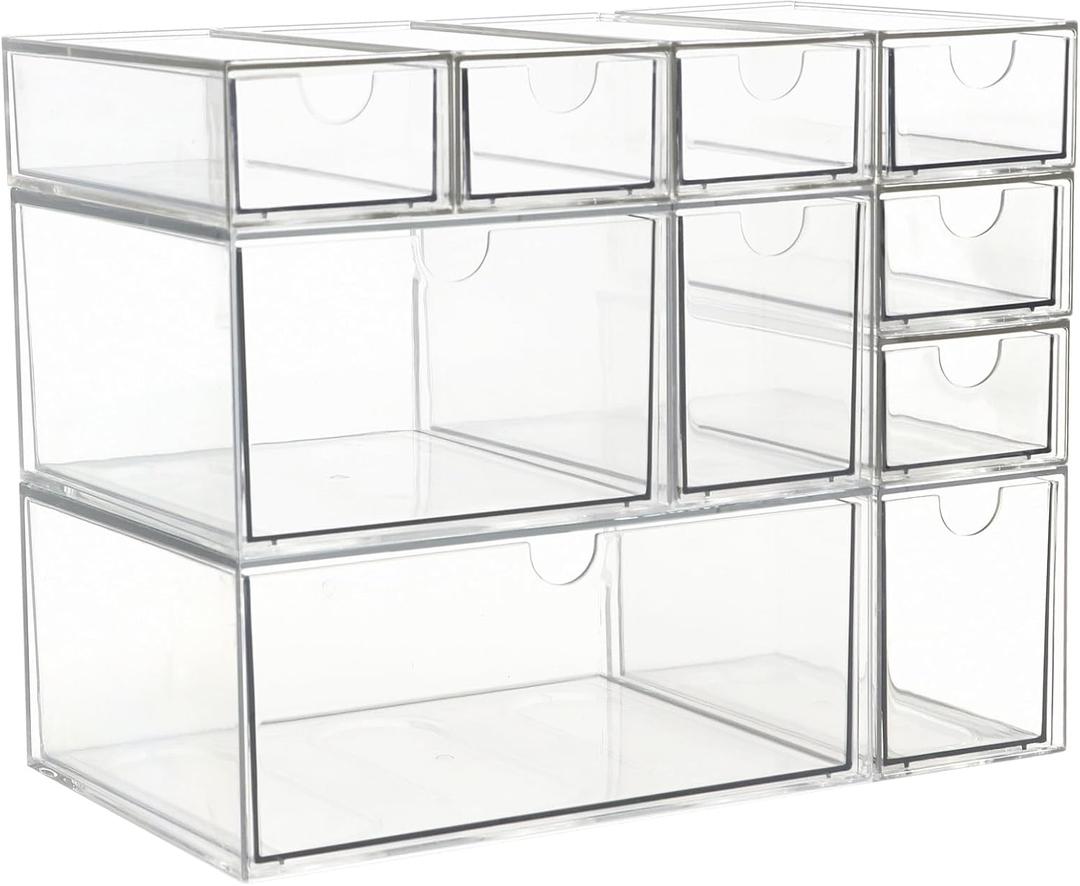 Acrylic Makeup Organizer, 10 Drawers Clear Storage Organizer Desktop Stackable Storage Drawers, Plastic Organizer Bins for Makeup, Stationery, Cosmetics, Vanity, Bathroom, Cabinet, Pantry Office Desk