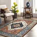 Beeiva Oriental 3x5 Washable Rug, Boho 3x5 Entryway Dorm Rug with Non Slip Backing, Vintage Tribal Medallion Low Pile Bedroom Mat for Front Door Entry Indoor Space (Rust/Navy Blue)