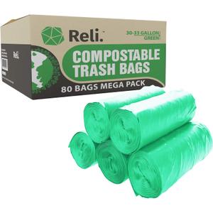 Reli. Compostable 33 Gallon Trash Bags | 80 Count Bulk | ASTM D6400 | Green | Eco-Friendly | For Compost