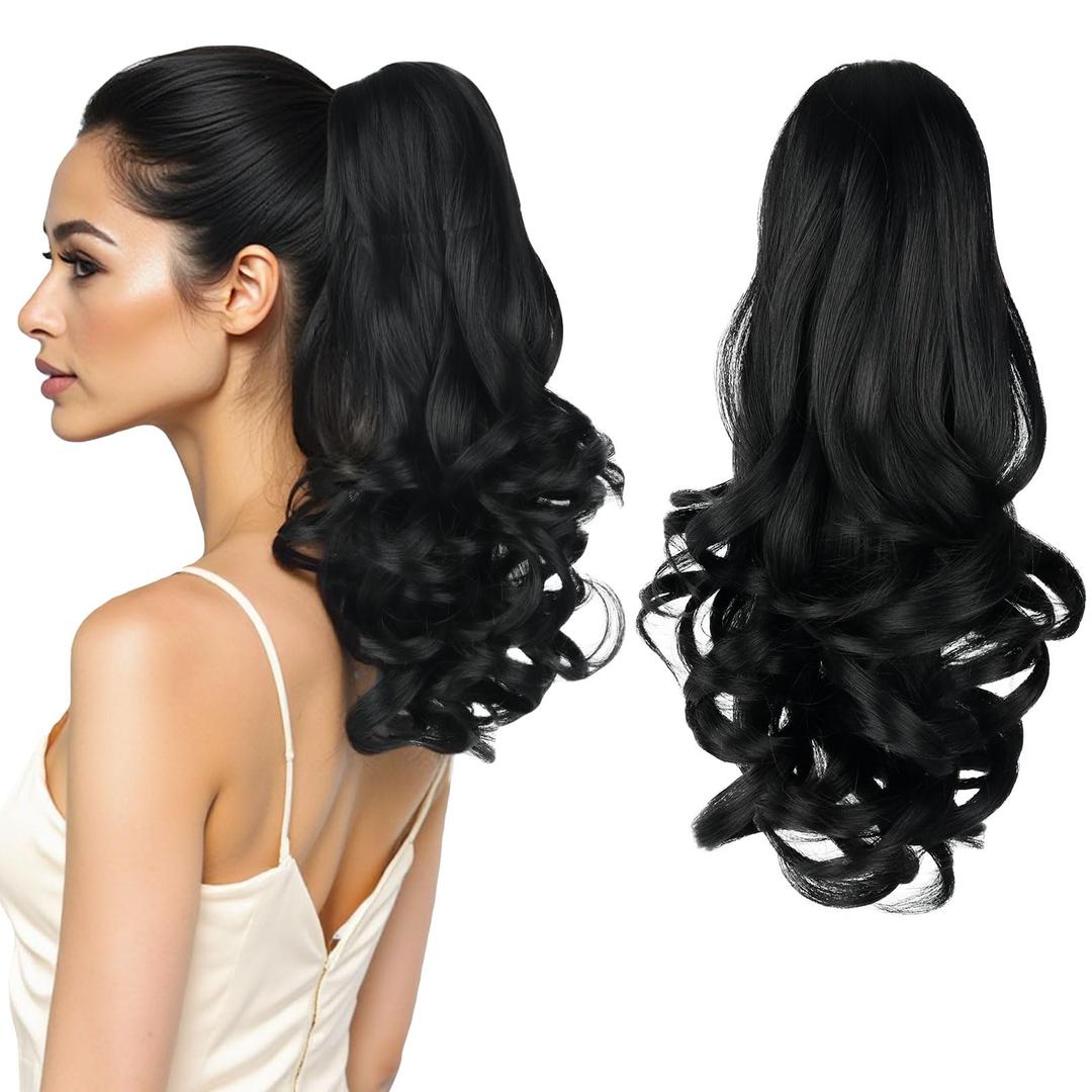 HEWEICSY Ponytail Extension, Clip on Ponytails for Women, 14" Claw Clip in Short Curly Wavy Pony Hair Extension for Women - Natural Black