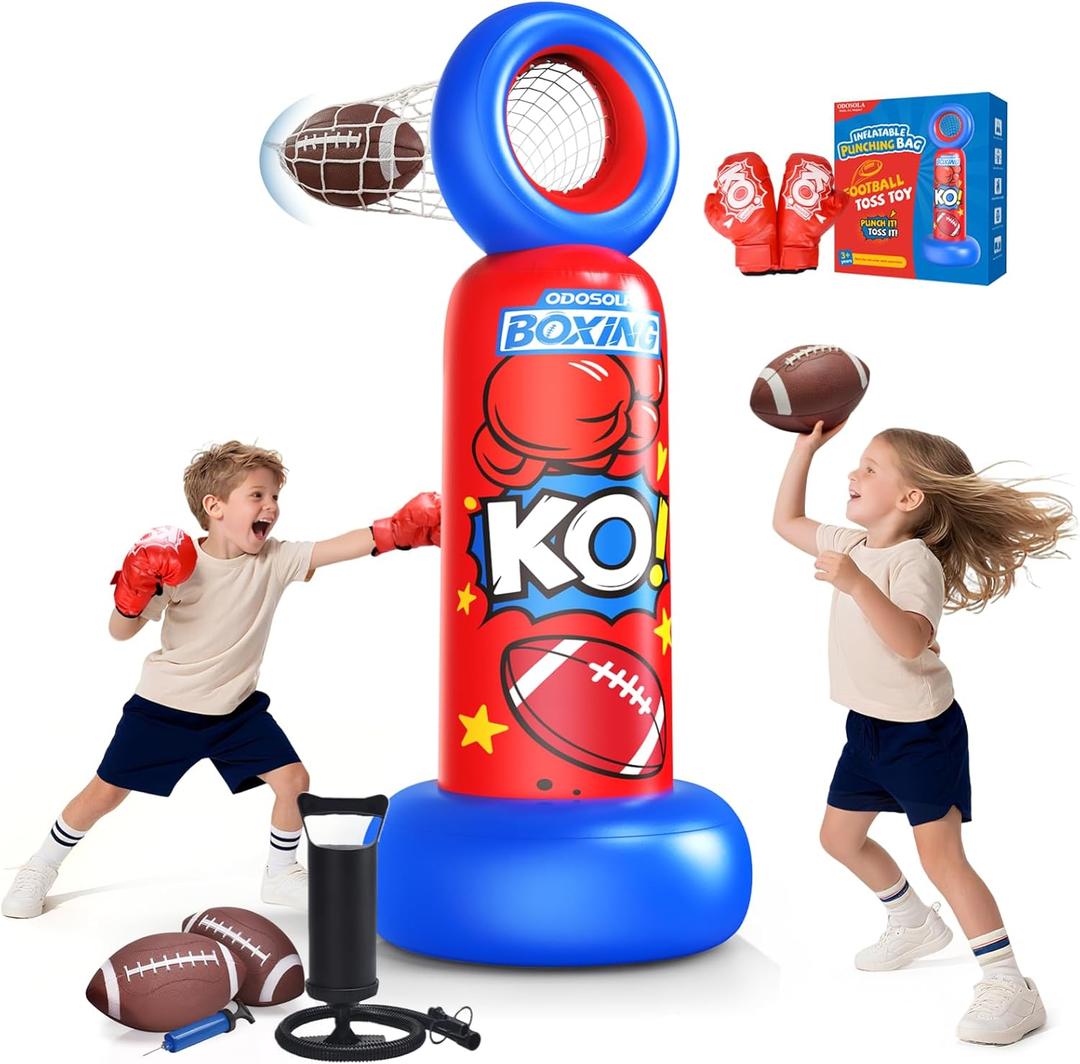 Inflatable Punching Bag for Kids, 2-in-1 Freestanding Boxing Bag with Football Toss Game, 68.8'' Heavy Duty Karate Taekwondo Toy for Boys Girls Ages 3-12, Birthday Xmas Gift Ideas