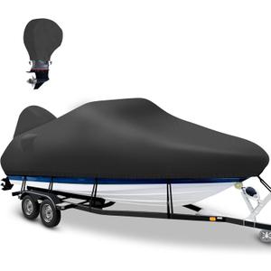 1200D Waterproof Boat Cover with Motor Cover, Solution-Dye Marine Canvas Trailerable Boat Cover 20-22ft for 20 feet 21ft 22' Foot V-Hull Bass Boat Tri-Hull Runabout Boat,Deep Black (Length: 20'-22', Beam Width: up to 102")