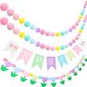 2 x Frienda 4 Pcs Spring Garland Decorations Felt Pompom Ball Garlands Hello Spring Tulip Flower Banner for Holiday Birthday Party Carnival Decoration Photo Prop Nursery Easter Farmhouse Decor
