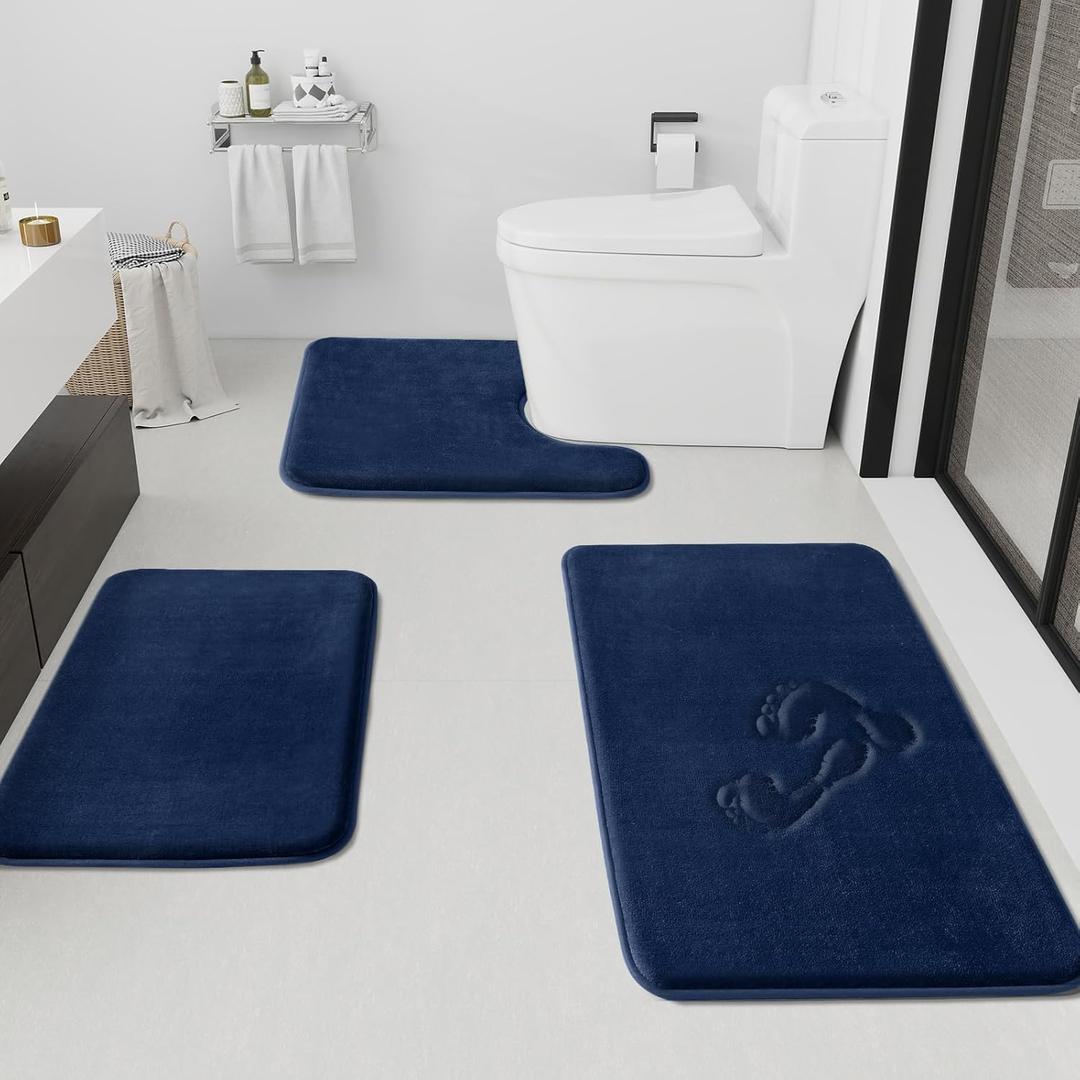 HUXMEYSON Bathroom Rugs Sets 3 Piece, Non-Slip & Quick Dry Bath Mat Set, Ultra Soft Velvet Bath Rugs for Bathroom, Toilet and Shower Floor, Navy (17"x24" + 20"x32" + U Shape 20"x24")