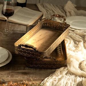 Vintage Gold Serving Tray Set with Handles, Decorative Ottoman & Coffee Table Tray for Living Room, Vanity or Bathroom, 2-Piece Antique Style Nesting Metal Trays with Hollow Carved Edge