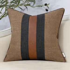 2 Packs Yangest Patchwork Pillow Cover 18x18 Inch Luxury Cotton and Linen Cushion Cover Faux Leather Pillowcover for Couch Bedroom Living Room, Brown