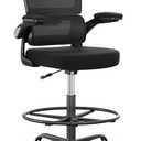 Ergonomic Drafting Chair with Footrest,Tall Office Chair for Standing Desk with Flip-up Armrests with Breathable Comfy Mesh Support and Adjustable Foot Rest Ring(Black)