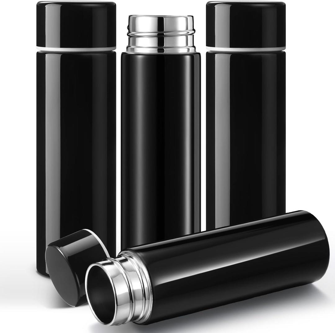 Vesici Mini Water Bottles 4.4 oz Cute Small Insulated Stainless Steel Purse Water Bottles Pocket Slim Flask Keeps Drink Cold and Hot for Women Lunch Bag Coffee(Black,4 Pack)