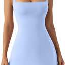 QINSEN Women's Square Neck Bodice Dress Sleeveless Tank Top Stretch Flare Mini Dresses (Blue, S)