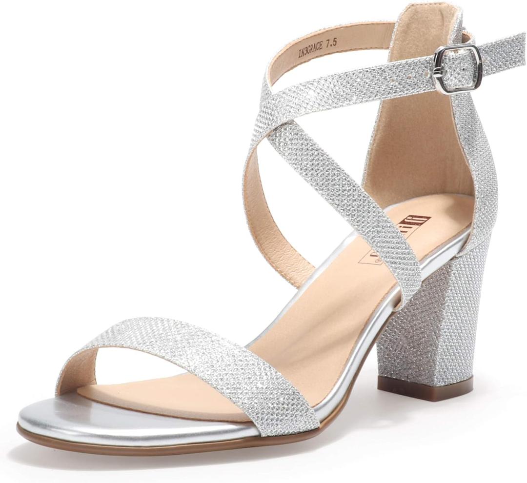 IDIFU Women's IN3 Grace Strappy Block Heels Sandals Comfy Open Toe Chunky Dress Wedding Shoes with Adjustable Cross Strap, 8.