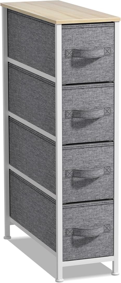 Sorbus Narrow Dresser with 4 Drawers - Vertical Slim Storage Chest of Drawers with Steel Frame, Wood Top & Easy Pull Fabric Bins for Small Spaces, Closets, Bedroom, Bathroom & Laundry (Gray)