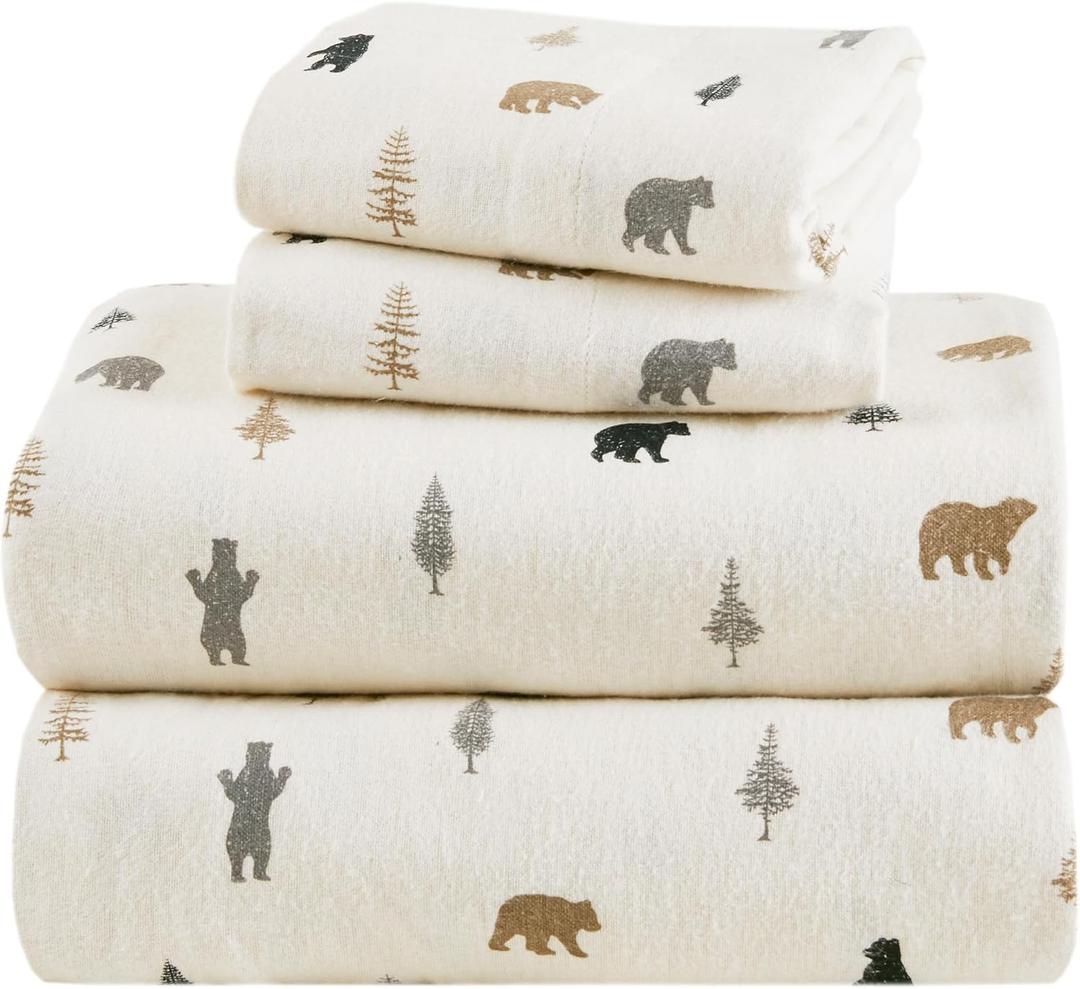 Comfort Spaces 100% Cotton Flannel Sheets Queen Size, Ultra Soft Cozy Flannel Sheet Set with 14" Elastic Pocket Fits up to 16" Mattress, Novelty Print Warm Flannel Bedding, Bear/Trees 4 Piece