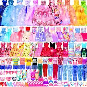 195 Pcs Doll Clothes and Accessories Kit, Includes Princess Gowns, Fashion Skirt, Slip Dresses, Tops, Pants, Bikini Swimsuits, Shoes, Crowns, Necklaces, Glasses, Hangers in Gift Box for 11"-12" Dolls