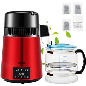 VEVOR 1.1Gal Water Distiller, 0.3Gal/H, Distilled Water Maker Machine 750W 0-99H Timing Dual Temp Display, 304 Stainless Steel Countertop Distiller Glass Carafe Cleaning Powder 3 Carbon Packs, Red