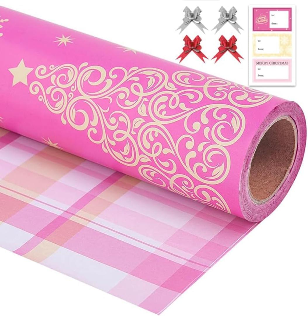 EWES Pink Christmas Wrapping Paper Rolls Cute Kids Reversible Tree Thick Aesthetic Elegant Gift Wrap Sheets Heavy Duty Girls Girly Princess Total 28.5sq.ft