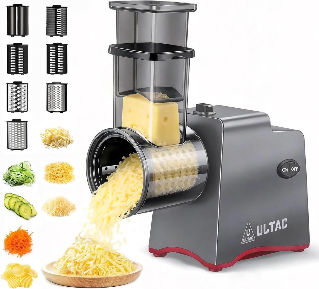 Cheese Grater Electric, Electric Cheese Grater for Block Cheese with 7 Different Shapes of Blades, 250W Electric Cheese Shredder, Electric Grater Machine for Cheeses, Fruits, Vegetables (Silver)